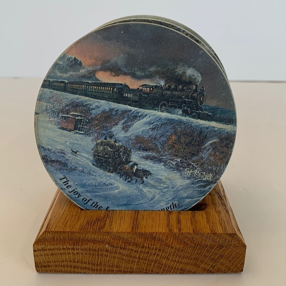 Coasters For Drink Ceramic Ted Blaylock Set of 4 Steam Train‎ Art & Bible Verses